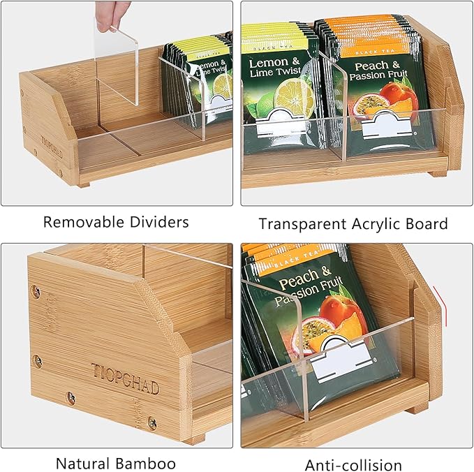 TIOPGHAD Small Bamboo Tea Bag Organizer Storage Holder for Tea Bags Wood Tea Box Containers Tea Rack Teabag Station Stand for Cabinet Countertop Office