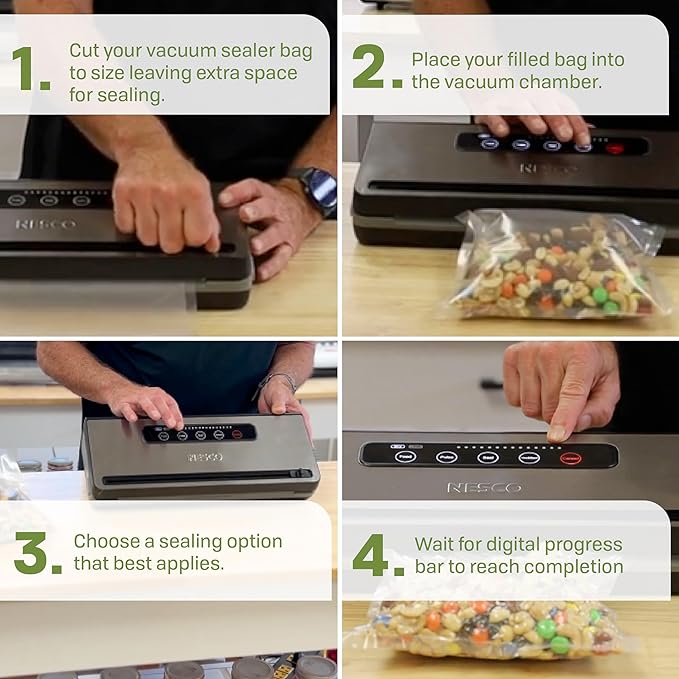 Nesco Preserve Plus Vacuum Sealer | Dry & Moist Modes | Built-in Bag Cutter & Roll Storage | 11.8" Seal Width | Includes 2 Rolls