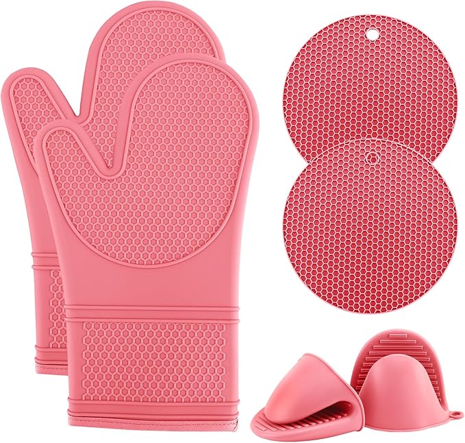 COOK WITH COLOR Silicone Oven Mitts- Heat Resistant Gloves with Soft Quilted Lining Oven Mitt Pot Holders for Cooking and BBQ, Pink, Mitt Set