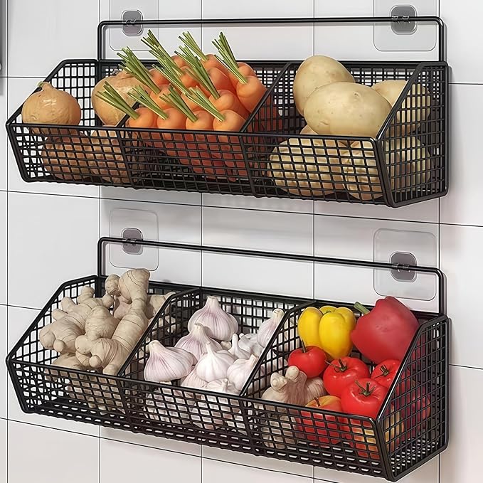 Hanging Wire Fruit Basket with Adhesive Hooks, Hanging fruit baskets for Kitchen counter, Wall basket for Home Bathroom Pantry, Space Saving Hanging Baskets for Organizing Wall Mount Storage