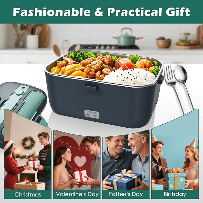 COZYEXPERT Electric-Lunch-Box-Heated-Food-Warmer 100W Heating Lunchbox for Adults 1.8L Portable Food Heater for Work/Car, 12V/24V/110-230V Lonchera Eléctrica Portátil with Fork Spoon (Gray+Green)
