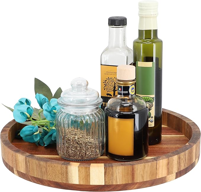 Elama 13 Inch Acacia Wood Lazy Susan Tray, Decorative Serveware, Tabletop Serving Piece (13 Inch Lazy Susan)
