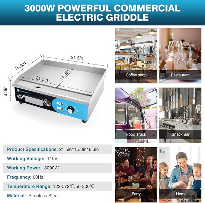 IRONWALLS Commercial Griddle Electric 22”, 3000W Electric Flat Top Grill, Stainless Steel Countertop Electric Griddle Nonstick with 122~572℉Adjustable Temperature Control for Restaurant Kitchen