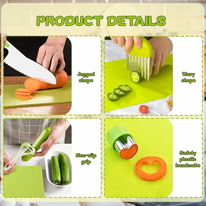 9PCS Montessori Kitchen Tools Cookware Baking Toy, Kids Knife Set for Real Cooking with Cutting Boards, Crinkle Cutte, Y Peeler, Serrated Edges Plastic Toddler Knife Kid Safe Knives