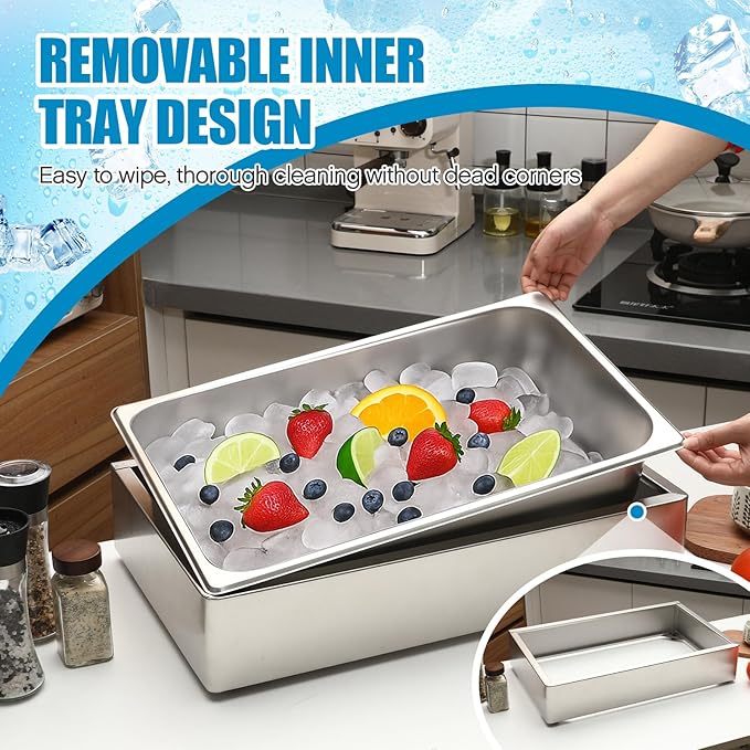 Ice Housing Bin with Removable Tray Ice Holder Container Wine Beer Champagne Drink Bucket Beverage Tub for Freezer Display Buffet Bar Counter Party Drink Chiller(Stainless Steel,21" X 13" X 5.5")