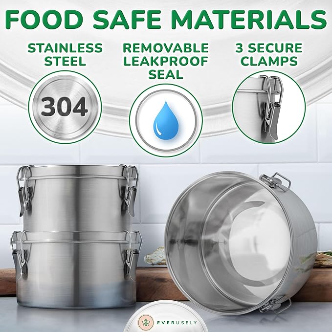 Stainless Steel Food Storage Container with Lid - 60 oz / 1.8 L - Metal Lunch + Meal Prep Tin with Food-Safe Leakproof Seal - Stackable Pantry Snack Organizer - Reusable Travel Lunchbox for Leftovers