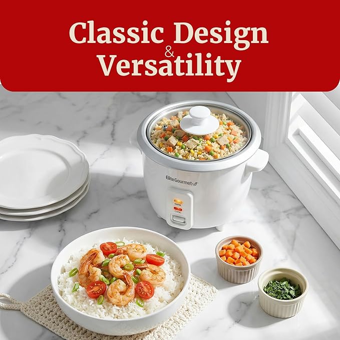 Elite Gourmet ERC-003X Electric Rice Cooker with Automatic Keep Warm Makes Soups, Stews, Grains, Hot Cereals, 6 Cups Cooked (3 Cups Uncooked), White