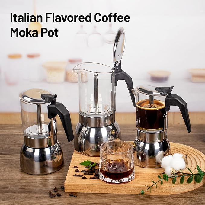 6 Cup Glass Clear Moka Pot Thickened 304 Stainless Steel Stovetop Espresso Maker Italian Coffee Machine 300ml 10.6oz Classic Mocha Cafe Greca Coffee Suitable for Gas Induction