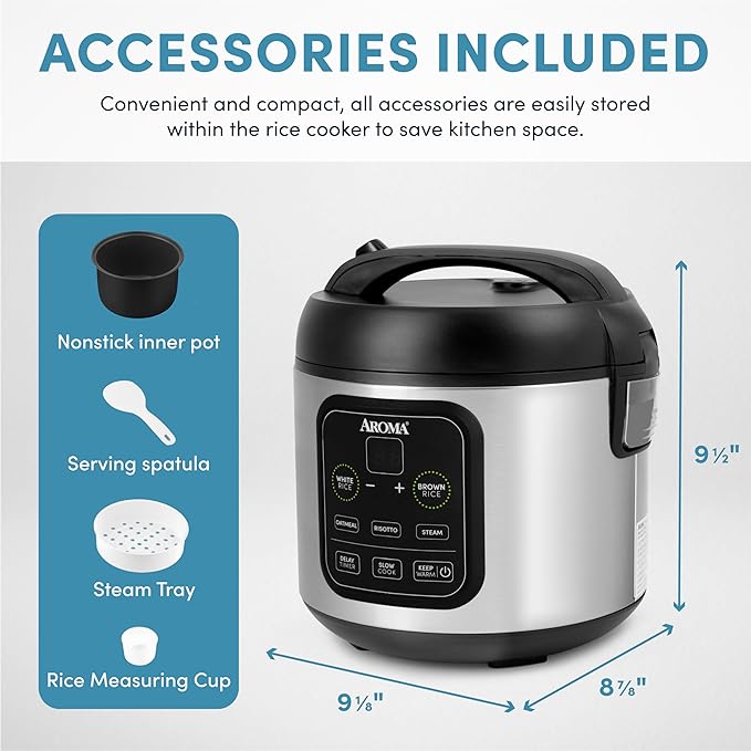 Aroma Housewares ARC-994SB Rice & Grain Cooker Slow Cook, Steam, Oatmeal, Risotto, 8-cup cooked/4-cup uncooked/2Qt, Stainless Steel