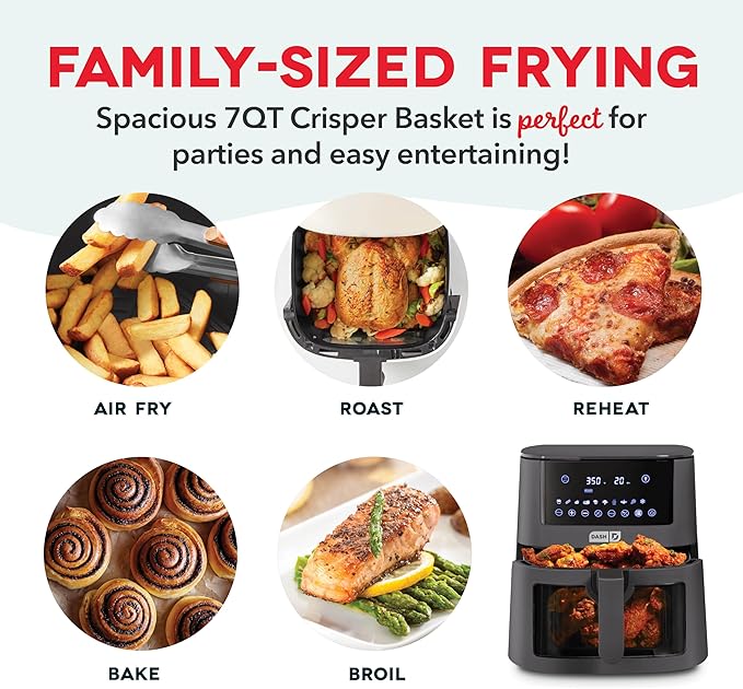 Dash Clear View Digital Air Fryer - Has AirCrisp® Technology - For Family-Sized Meals - Digital Touchscreen & Extra-Large Crisper Drawer - 7 Quarts - Forged Iron