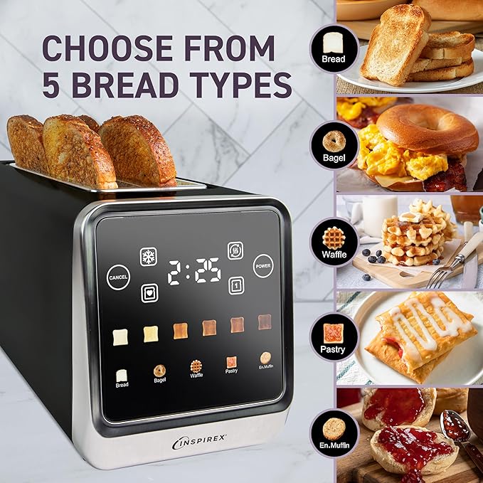 Inspirex Touch Screen Toaster - 4 Slice, 2 Extra Long Slots - 5 Bread Types and 6 Browning Levels - Defrost, Reheat, Favorite, & Single Slot Modes - For Toast, Bagels, & Waffles – Black