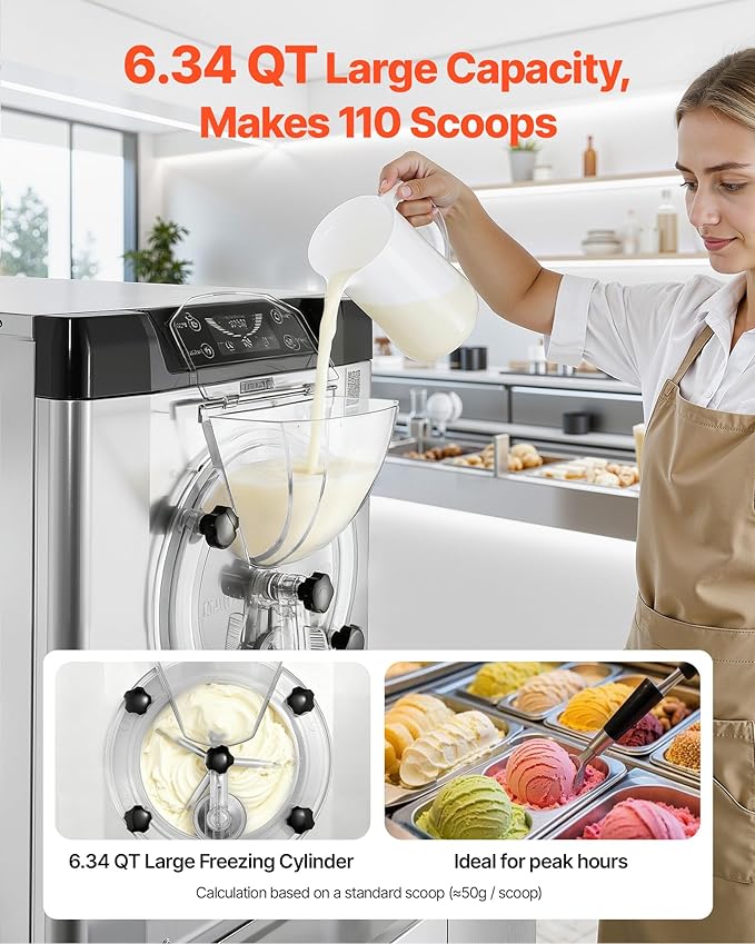 VEVOR Commercial Hard Ice Cream Machine, 2000W 3.17-5.28 Gal/Hour, Countertop Gelato Hard Serve Ice Cream Maker with 6L 304 Stainless Steel Cylinder, Auto Clean LED Panel for Snack Bar Restaurants