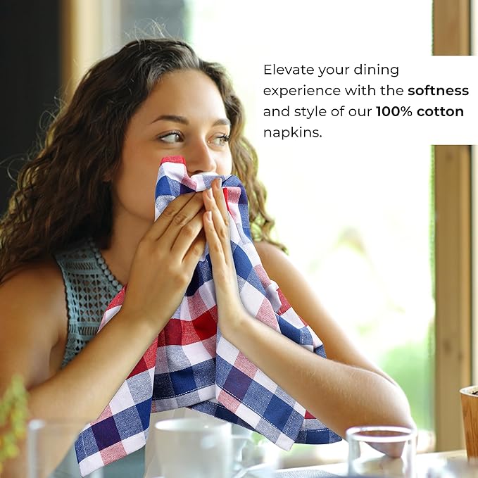 Urban Villa Cotton Dinner Napkins Set of 6, 20x20 Inche Soft Premium Cotton Napkins, Hotel Quality Highly Absorbent, Reusable & Washable Table Dinner Napkins (Red/Blue/White, Buffalo Checks)