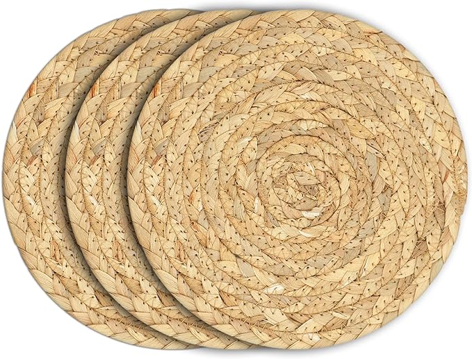 Boho Trivets for Hot Dishes, Pots and Pans, Farmhouse Water Hyacinth Hot Pads 8 Inch, Straw Pot Holders for Kitchen, Rustic Braided Heat Resistant Mat, Jute Coasters Set Wicker Decor (Natural 3 Pcs)
