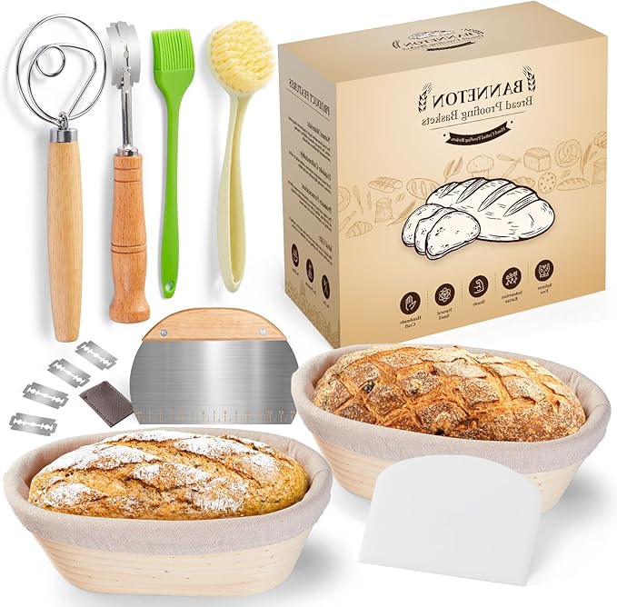 Banneton Bread Sourdough Proofing Basket - Sourdough Starter Kit Set Of 2, Sourdough Bread Baking Supplies 10" Oval Set of 2, Bread Proofing Basket with 8 Accessories