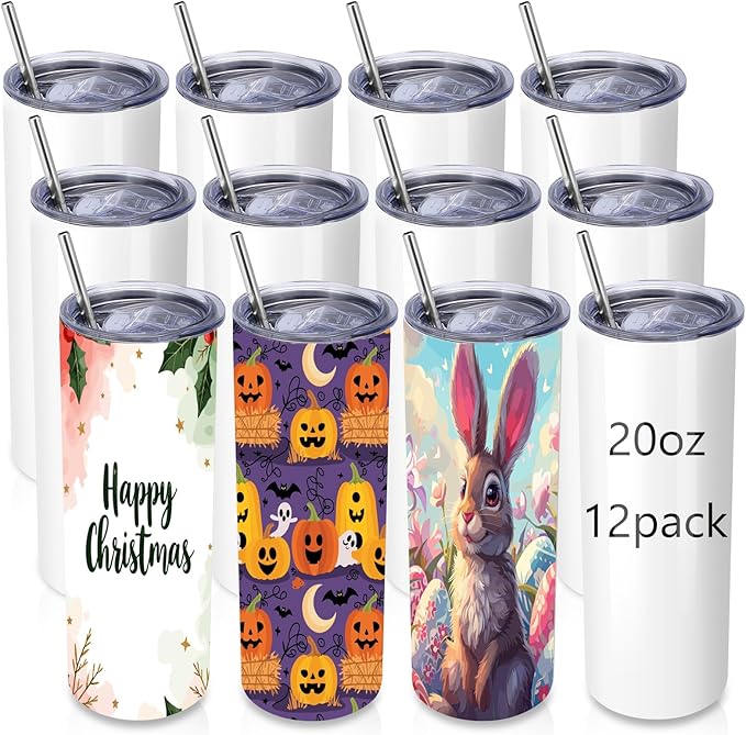 Volhoply 12 Pack Skinny Sublimation Tumblers with Lid and Straw, 20oz Stainless Steel Straight Tumbler Bulk, Vacuum Insulated Coffee Mug for Home, Office, Travel, DIY (Sublimation,12 Pack)