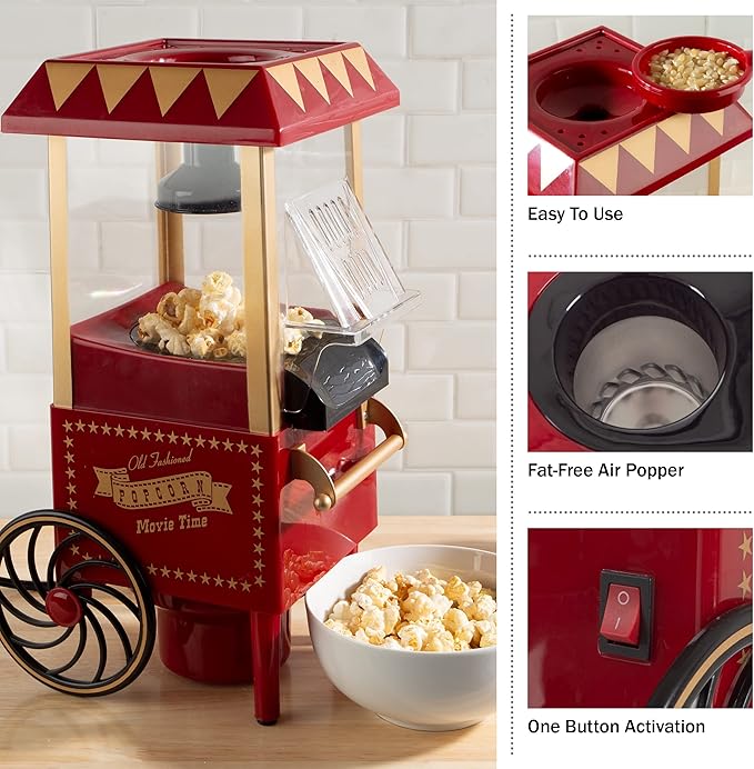 Air Popper Popcorn Maker - Hot Air Popcorn Popper - 6-Cup Vintage Style Oil Free Countertop Popping Machine with Measuring Cap - Movie Night Supplies by Great Northern Popcorn (Red)