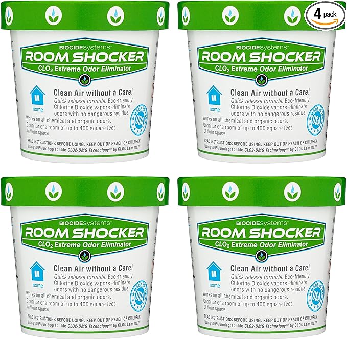 Biocide Systems Room Shocker Strong Odor Eliminator for Home & Office, Eco-Friendly Chlorine Dioxide Odor Bomb for House Interior Up to 400 Square Feet of Floor Space (4-Pack)