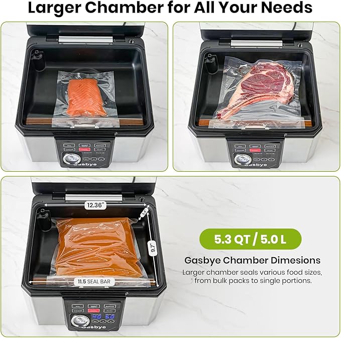 Gasbye Chamber Vacuum Sealer – 5.3QT Large Chamber, Replaceable 11.5" Sealing Bar with Double Seal, Perfect for Meats, Soups, Sauces & Liquids, Includes 30 Pre-Cut Vacuum Bags, Stainless Steel