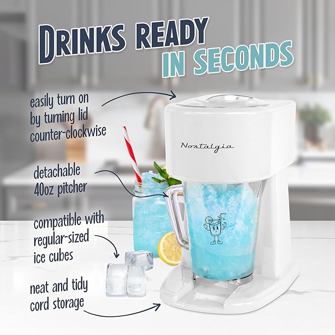 Nostalgia Retro 40-Ounce Frozen Beverage Station - Slushie Machine and Ice Shaver with Automatic Mixing for Soda, Cocktails and Margaritas - Easy & Safe Use - White