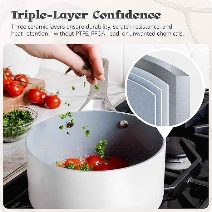 Premium Non-Toxic Ceramic Cookware Set – Triple-Layer Nonstick 12 Piece Pots and Pans with Lids, PFAS-Free, Oven Safe for Healthy Meals, Space-Saving Design, Birch White Color | Greater Goods