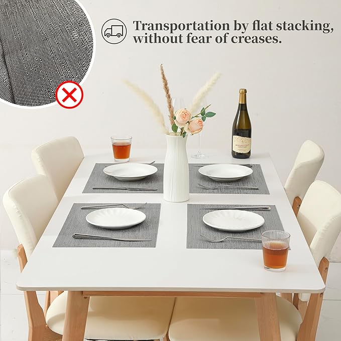Leetaltree Grey Placemats, Heat Resistant Non-Slip Place mats for Dining Table, Washable Durable PVC Vinyl Woven Table Mats (Set of 24)