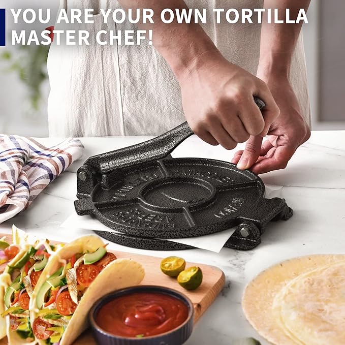 ARC Tortilla Press 8 inch, Cast Iron Tortilla Maker Include 100 Pcs Parchment Paper, Heavy Duty Tortillera Pataconera, Flour Tortilla Press, Roti Maker, Taco Maker, Taco Press, Black Gray