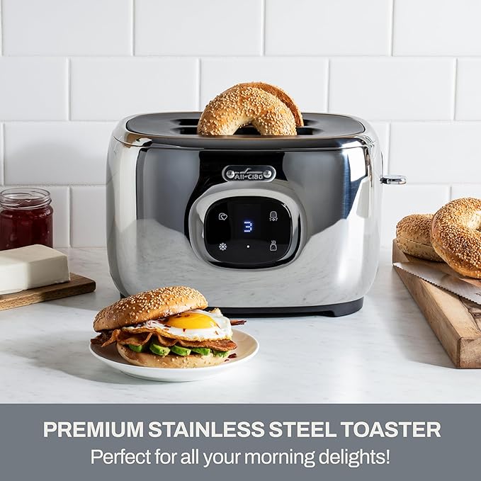 All-Clad Stainless Steel Toaster, 2 Slot, Removable Crumb Tray, 850 Watts, 7 Browning Levels, Intuitive Touchscreen, Extra High Lift, Silver