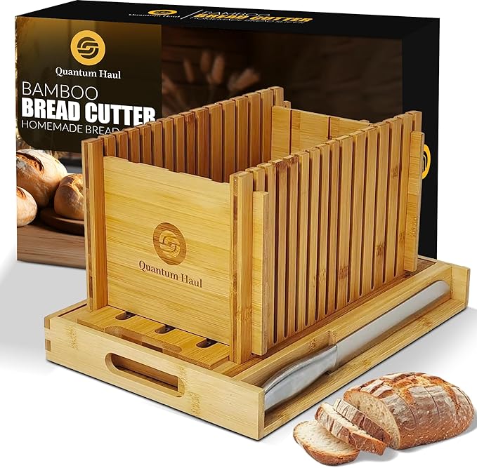 Bamboo Bread Slicer with High-Grade Stainless Steel Knife – Adjustable Wooden Bread Cutter Guide with Crumb Tray, Brush & Pouch | Manual Bread Slicer for Homemade Bread, Sourdough, Loaf, Cakes