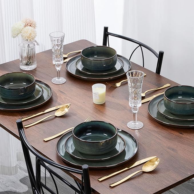 E-far Dinnerware Sets for 4, 12-Piece Stoneware Plates and Bowls Set, Ceramic Dishes Reactive Glaze Dinning Ware, Microwave & Dishwasher Safe - Obsidian Green