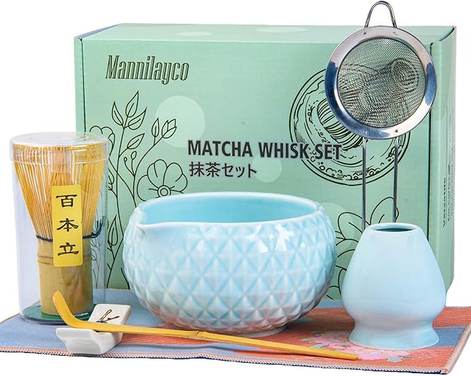 Matcha Whisk Bowl Set, 7PCS All-in-One Japanese Tea Set Includes Matcha Bowl with Spout, Bamboo Whisk (Chasen) with Stand, Scoop, Sifter, Complete Kit for Ceremony, Gift for Matcha Tea Lovers(Blue)