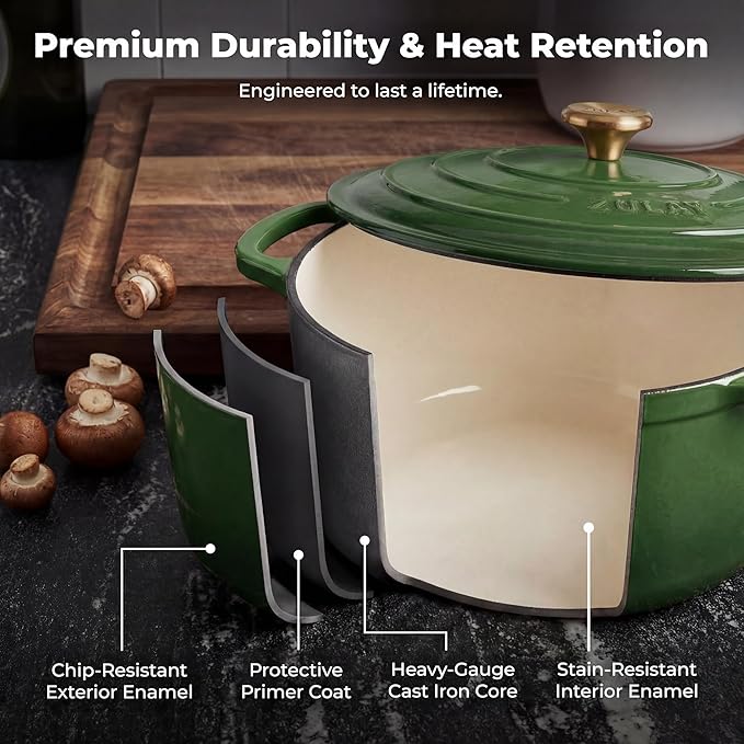 Zulay Kitchen 6 Quart Enameled Cast Iron Dutch Oven Pot with Lid – Premium Durability & Oven Safe up to 500°F – Heavy Duty Cookware Perfect for Bread Baking, Stews, Braising & Roasting - Green