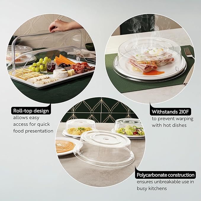 Restaurantware Cater Tek 11 Inch Polycarbonate Plate Covers 10 Shatterproof Dish Covers - Dishwashable For 11 Inch Plates Clear Plastic Splatter Covers Finger Hole Design Endures Up To 210F