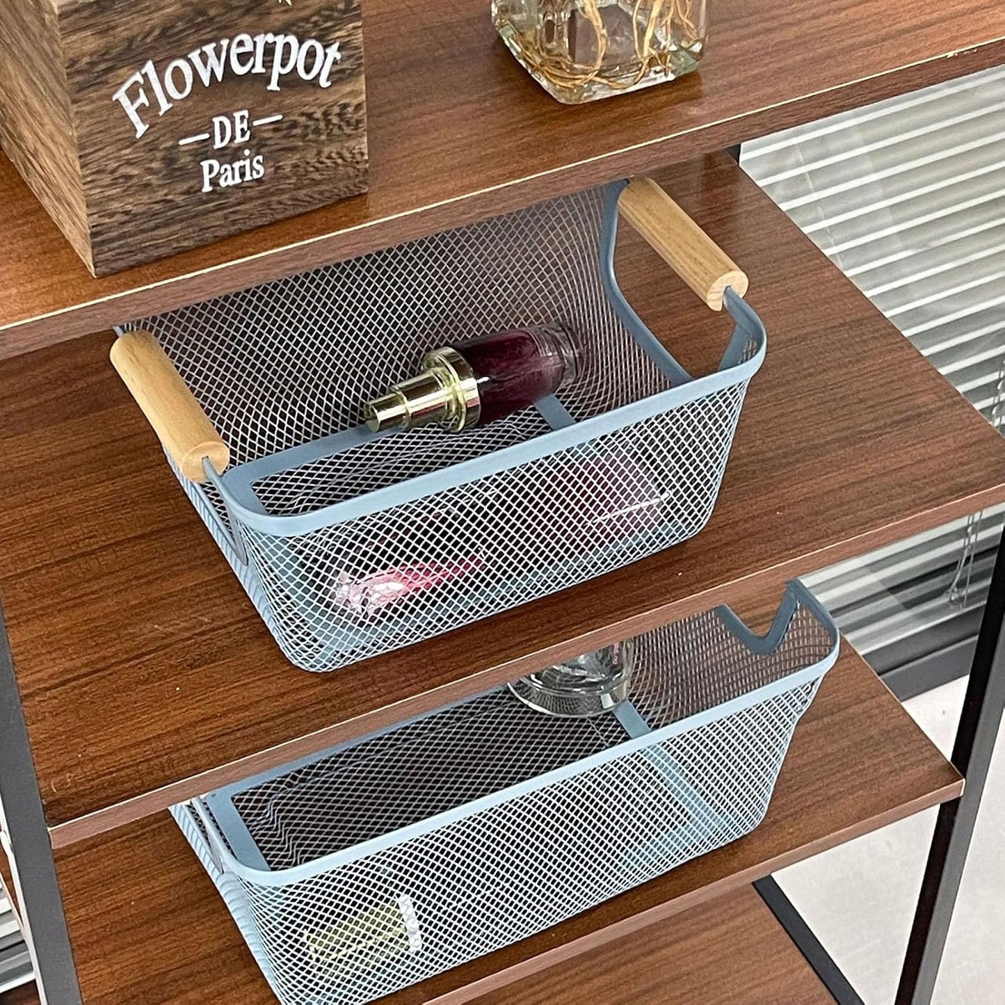 Metal Mesh Steel Basket, Small Wire Storage Organizer Baskets Multi-function Hanging Kitchen Basket with Wood Handle for Kitchen Bathroom Picnic Home, Rectangle-Blue