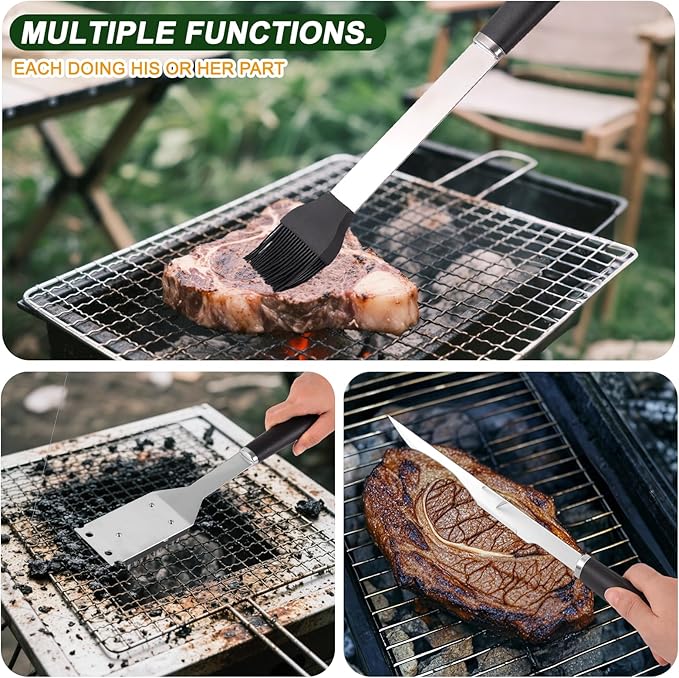 Grilling Accessories Set Spatula Fork Cleaning Brush Food Tongs Carving Knife Basting Brush Durable Stainless Steel BBQ Grill Tools with Extra Thick Storage Case BBQ Accessories Grill Set