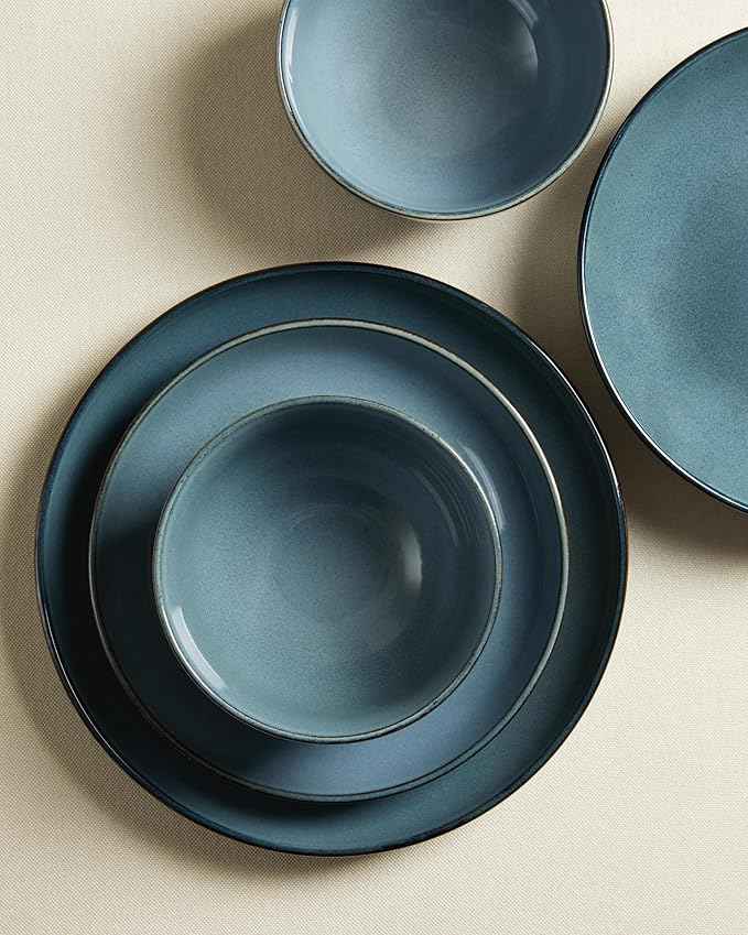 16 Piece Double Bowl Dinnerware Sets with Pasta Bowls, Highly Chip and Crack Resistant Plates and Bowls Sets, Natural Earthyware Ceramic Dishware Sets, Service for 4 Jeans Blue