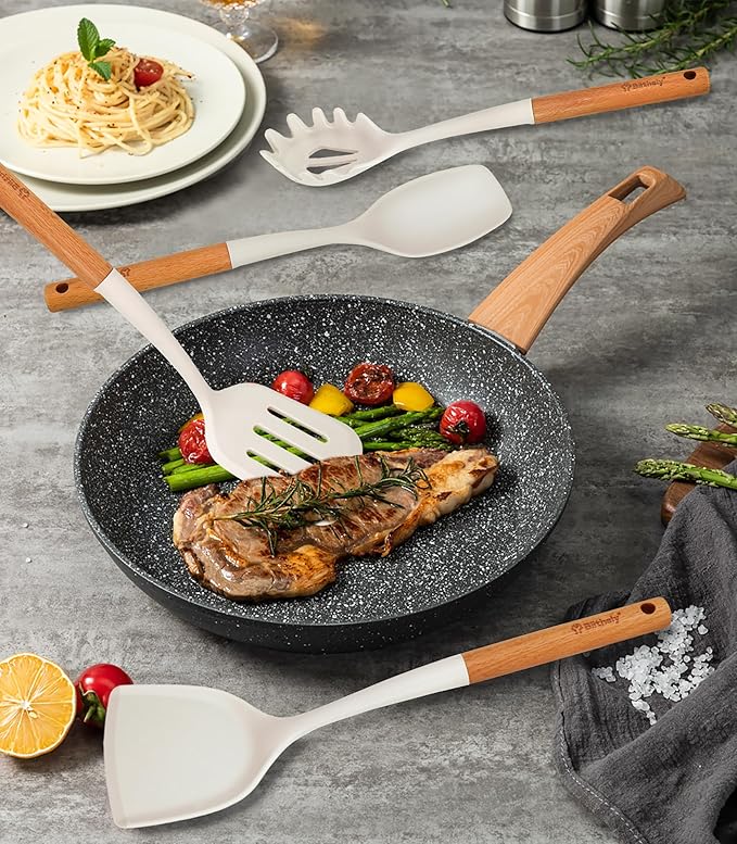 Large Silicone Kitchen Utensils Set, 6 PCS Nonstick Cooking Utensils Set with Wooden Handle, Heat Resistant and BPA Free Silicone Utensil Spatula Set for Cooking with Turner, Spoon and Ladle(White)
