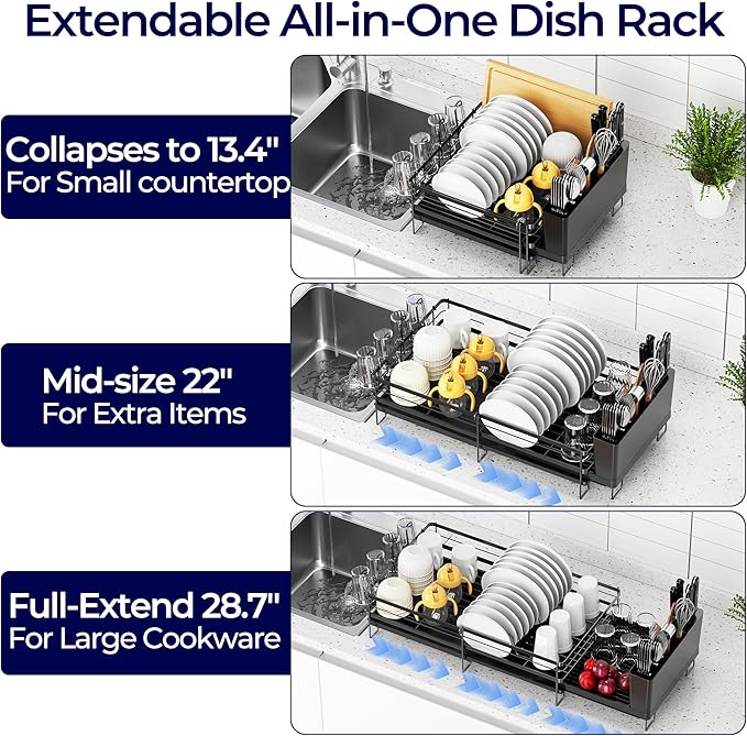 Large Dish Drying Rack, Expandable Dish Rack for Kitchen Counter, Dish Drainer with Drainboard Set, Multifunctional Dishrack with Utensil & Cup Holder, 13.4"-28.7" L x 11.8" W x 7.8" H, Black