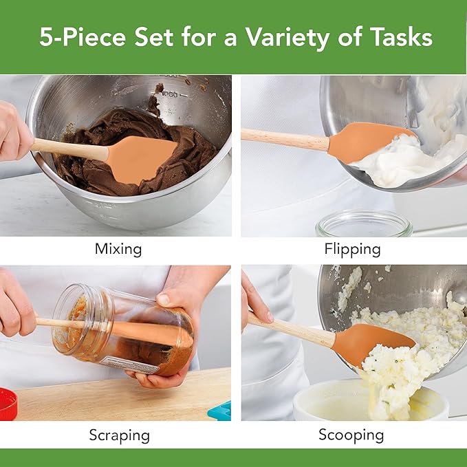 Tovolo Silicone Spatula with Wooden Handle Set of 5 Piece Silicone Kitchen Utensil Set Spoonula Jar Scraper Mini Spatula and Spoonula for Cooking Baking Mixing Folding Apricot Orange Cookware