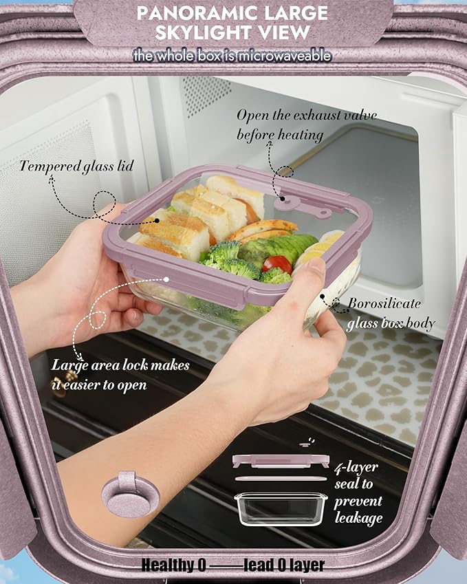 12-Pack Glass Containers with Tempered Lids – Borosilicate, Oven-Safe(-4°F~950°F), Airtight, BPA-Free, Multi-Size for Meal Prep, Dishwasher Safe (Pink)