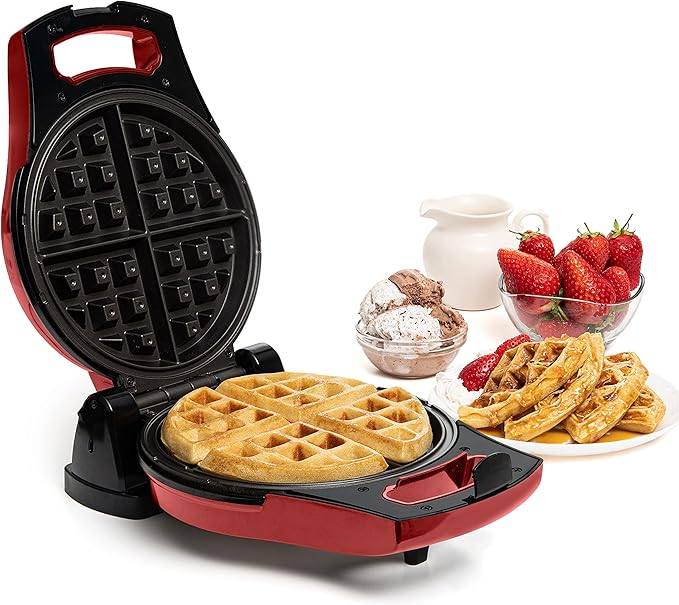 Moss & Stone Belgian Waffle Maker, Electric Flip Waffle Machine with Adjustable Temperature Control, Non-Stick Grids for Smooth Release, Compact 8-Inch Round Waffle Maker, Red