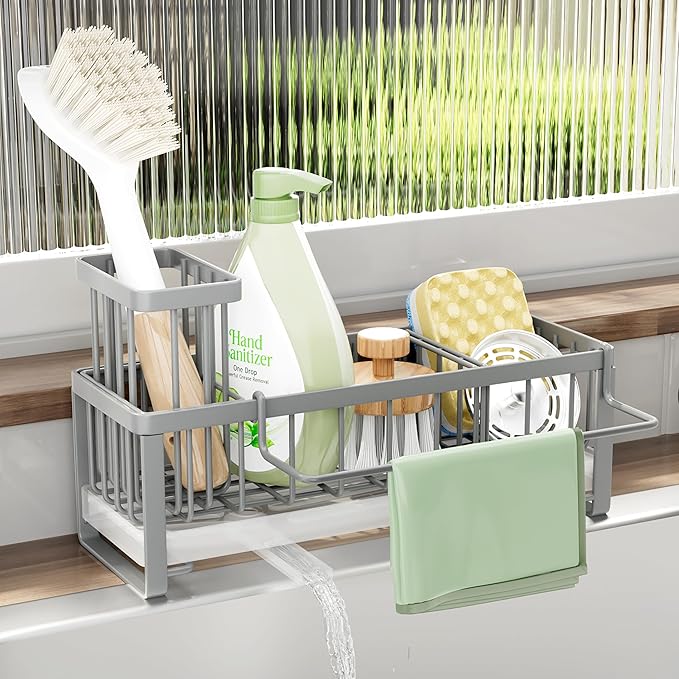 SWTYMIKI Sponge Holder for Kitchen Sink - Sink Caddy with Brush Holder Self-draining Sponge Caddy Organizer with Divider Stainless Steel Kitchen Accessories Storage for Countertop, Gray
