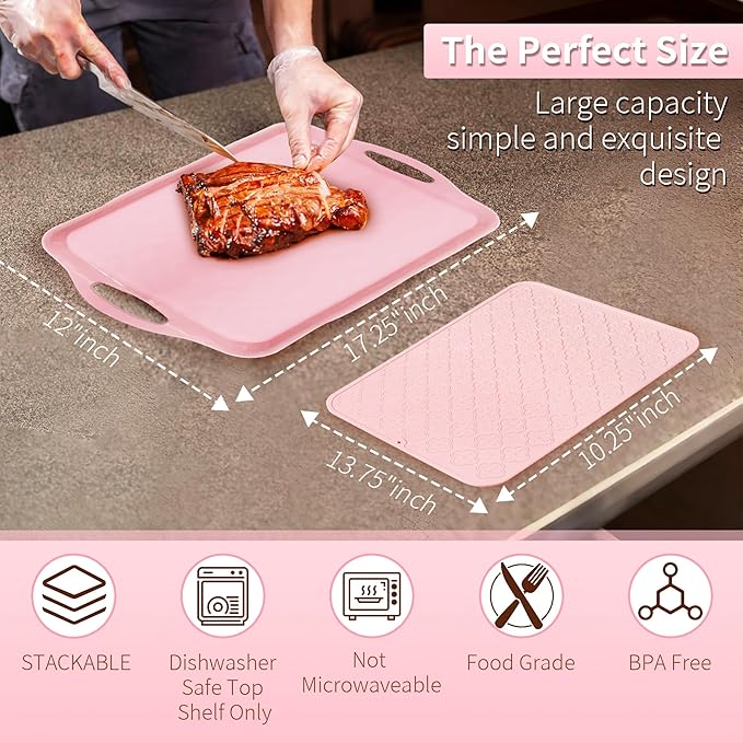 LEHAHA Large Non Slip Serving Tray with Handles, 17.25 x 12 Inch Melamine Serving Platter with Curved Sides, Dinner Tray for Lunch, Coffee, or Breakfast, 4pcs Set, Silicone placemats Included,Pink