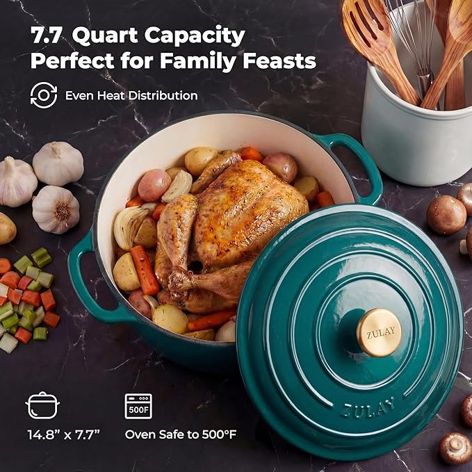 Zulay Kitchen 7.7 Quart Enameled Cast Iron Dutch Oven Pot with Lid – Premium Durability & Oven Safe up to 500°F – Heavy Duty Cookware Perfect for Bread Baking, Stews, Braising & Roasting – Emerald