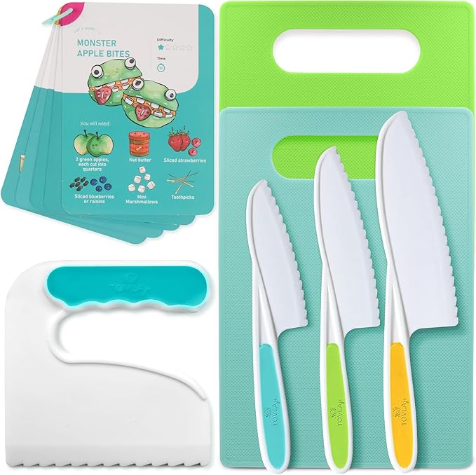 Tovla Jr Kids Safe Knife Set for Real Cooking | Toddler Knife Set with Chopper and Cutting Boards | Montessori Kitchen Tools with Visual Recipe Booklet | Ages 4 to 10