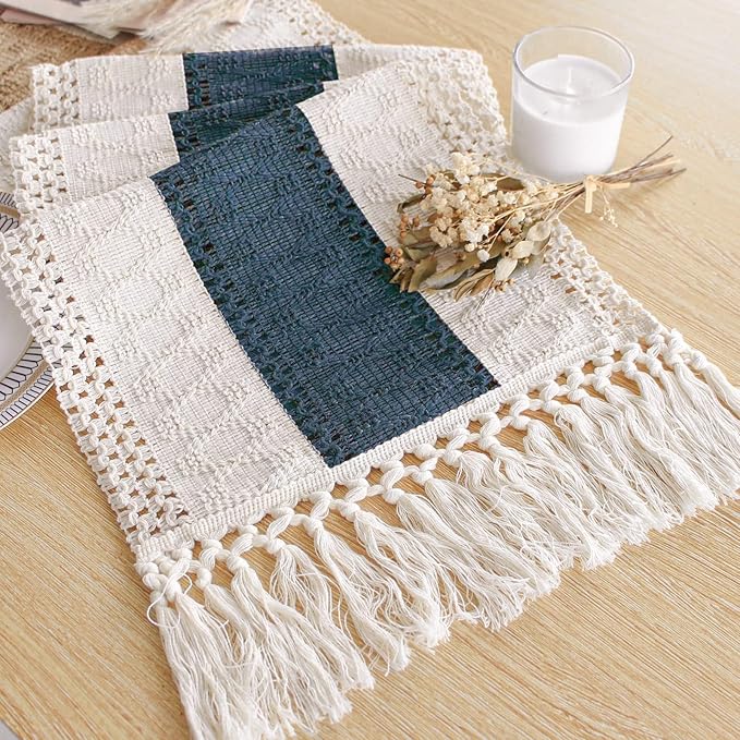 FEXIA Boho Table Runner 108 Inches Long for Home Decor Farmhouse Table Runner Cream & Blue Rustic Macrame with Tassels for Bohemian Dining Bedroom Decor Bridal Shower (12x108 Inches)