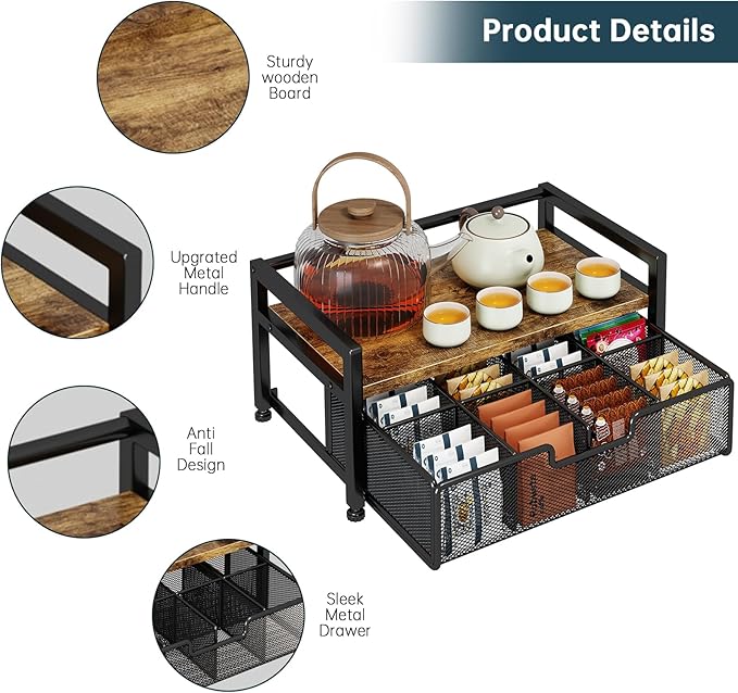 Tea Bag Organizer with 8-Compartment Mesh Drawer, Wood & Metal Holder Storage Chest for Countertop, Multi-Functional Coffee and Tea Station Box Caddy Display Rack for Kitchen Pantry, Rustic Brown
