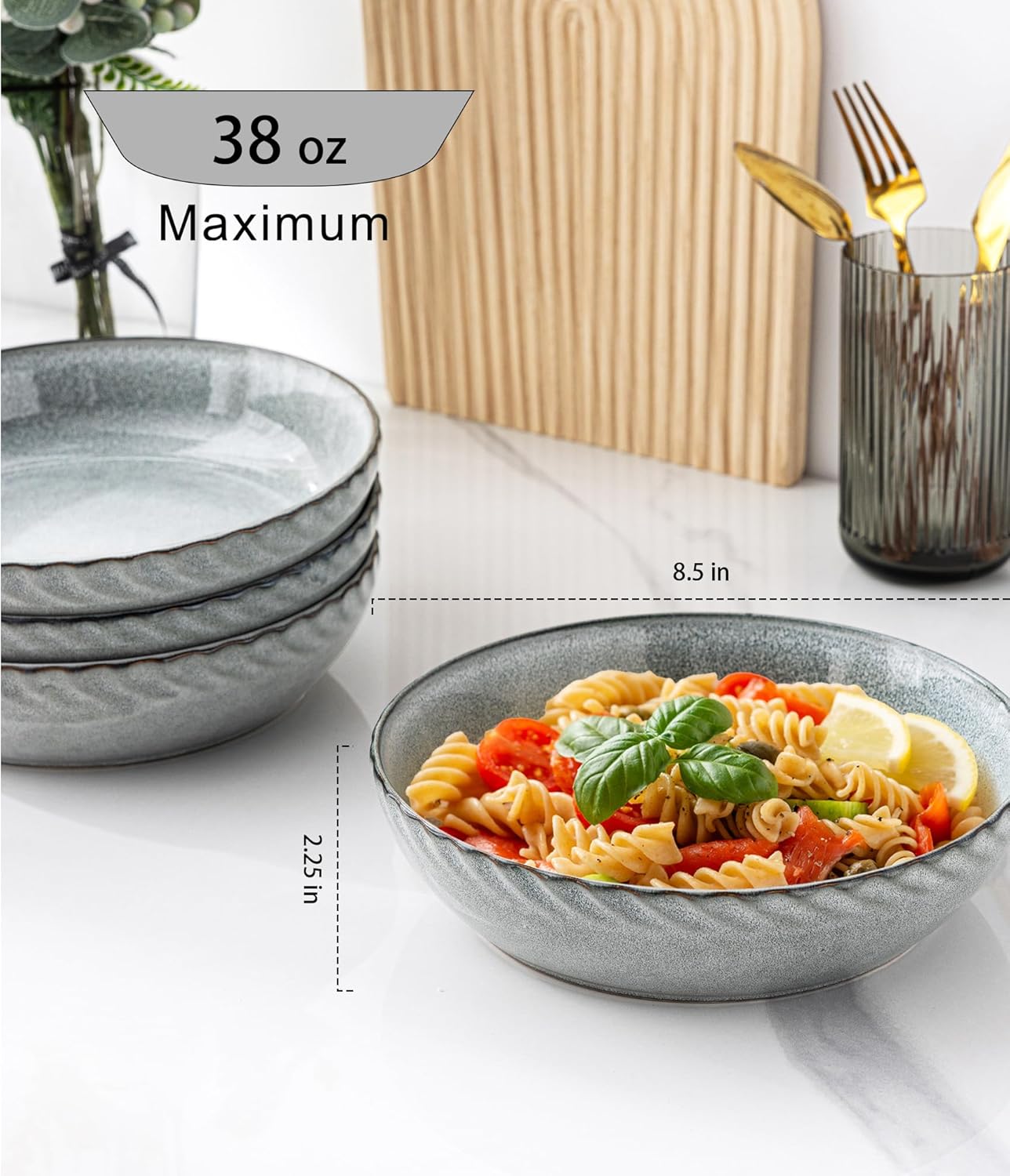 GBHOME 8.5'' Large Pasta Bowls, 38 Ounce Stoneware Salad Bowls for Kitchen, Ceramic Serving Bowls With Textured Pattern for Pasta,Fruit, Stews,Noodle, House-warming Gift,Set of 4