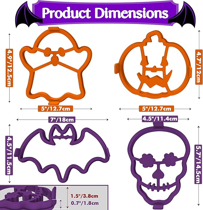 Kamehame Halloween Silicone Pancake Molds for Skull, Ghost, Bat and Pumpkin Shape Pancakes, 4 Pack Nonstick Pancake Shaper for kids, Fun Halloween Cake Ring Mold for Griddle Cooking