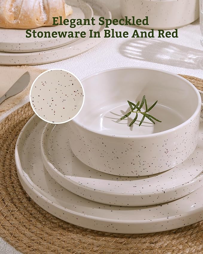 Famiware Nebula Plates and Bowls Set, 24 Pieces Dinnerware Sets, Dishes Set for 8, Creamy White with Colorful Speckles